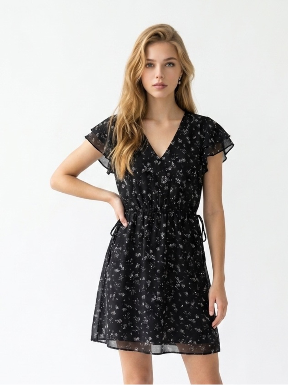H&M Black Floral Flutter Sleeve Mini Dress | US 6